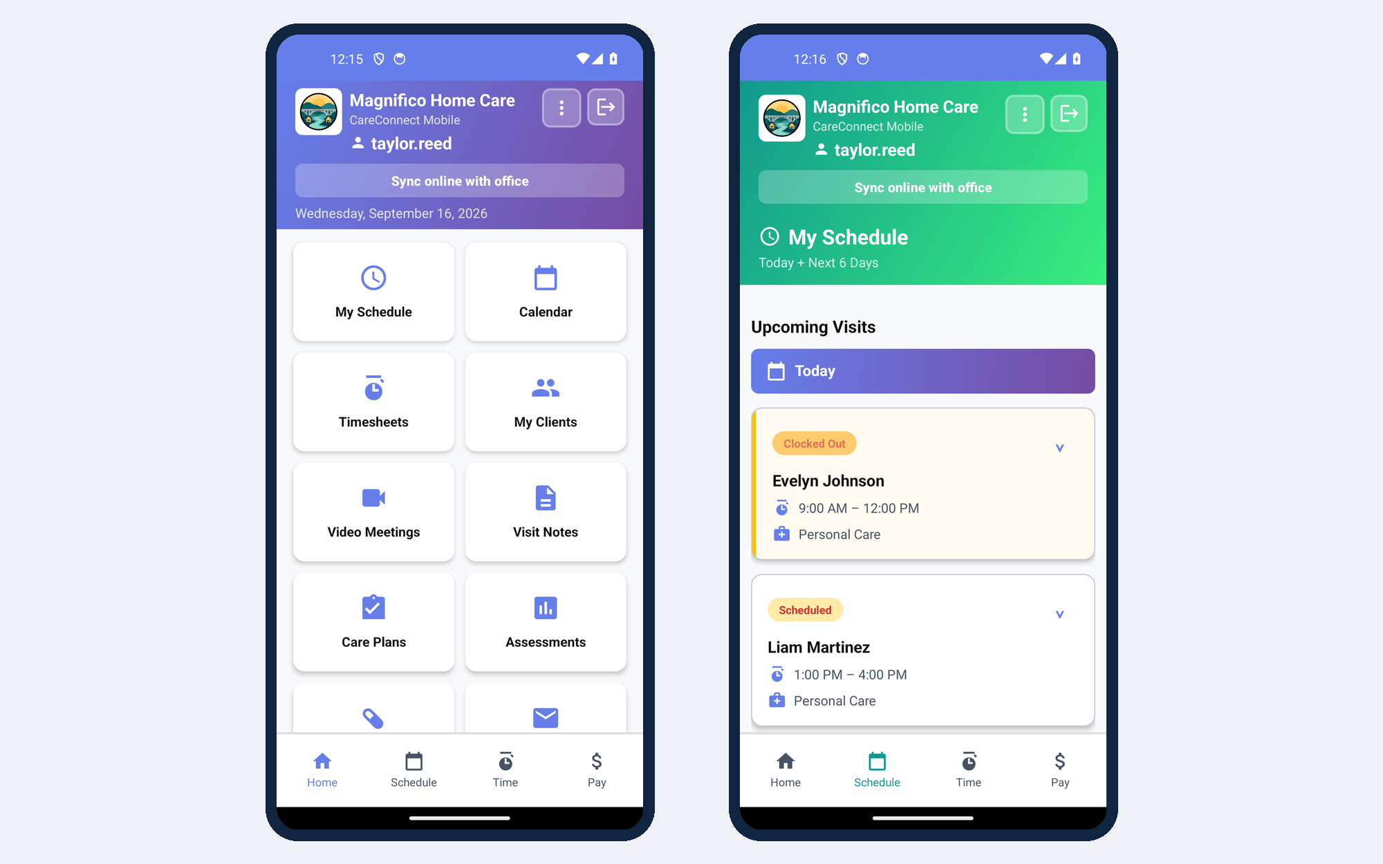 The CareConnect Android app for caregivers: home screen and today's schedule