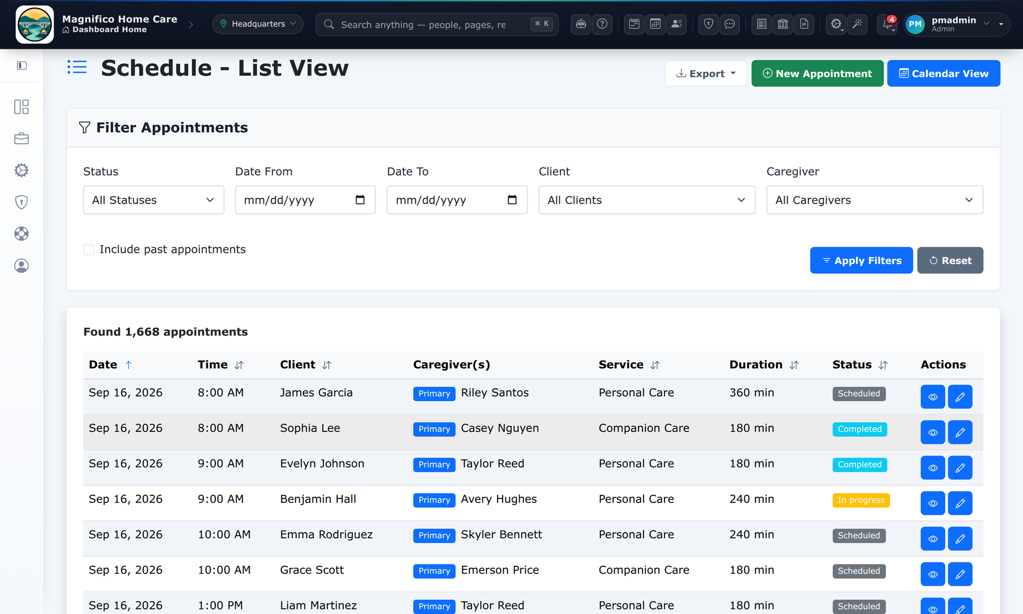 CareConnect appointments list: date, time, client, caregiver, service, status