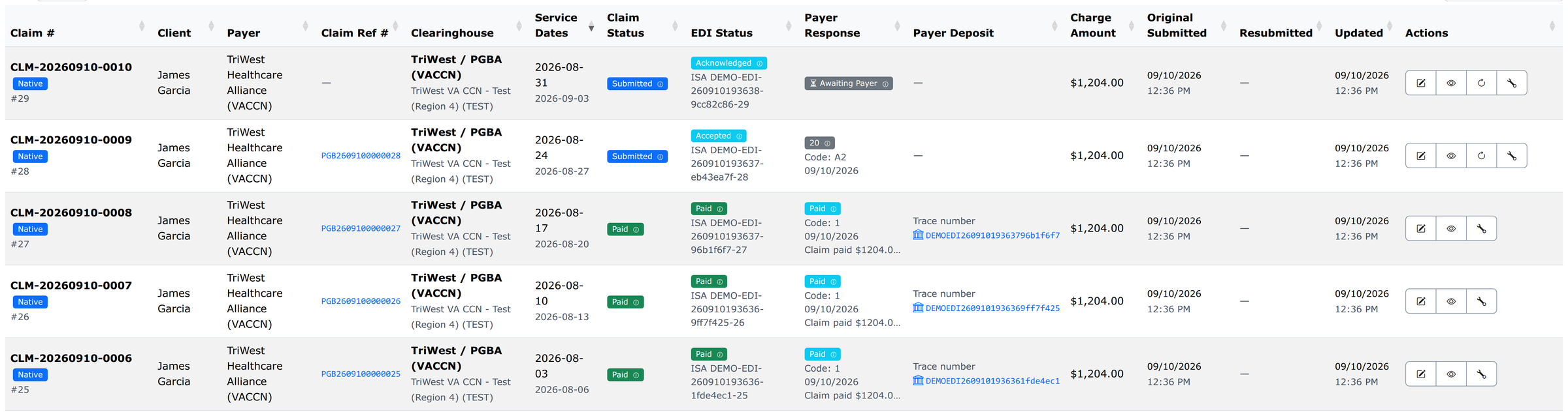 CareConnect claim list: claim number, client, payer, service dates, claim status, EDI status, payer response, payer deposit, charge amount