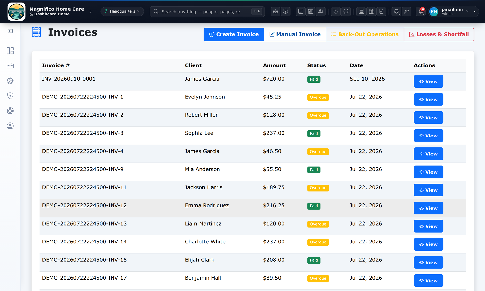 CareConnect invoices list: client, amount, paid or overdue, date