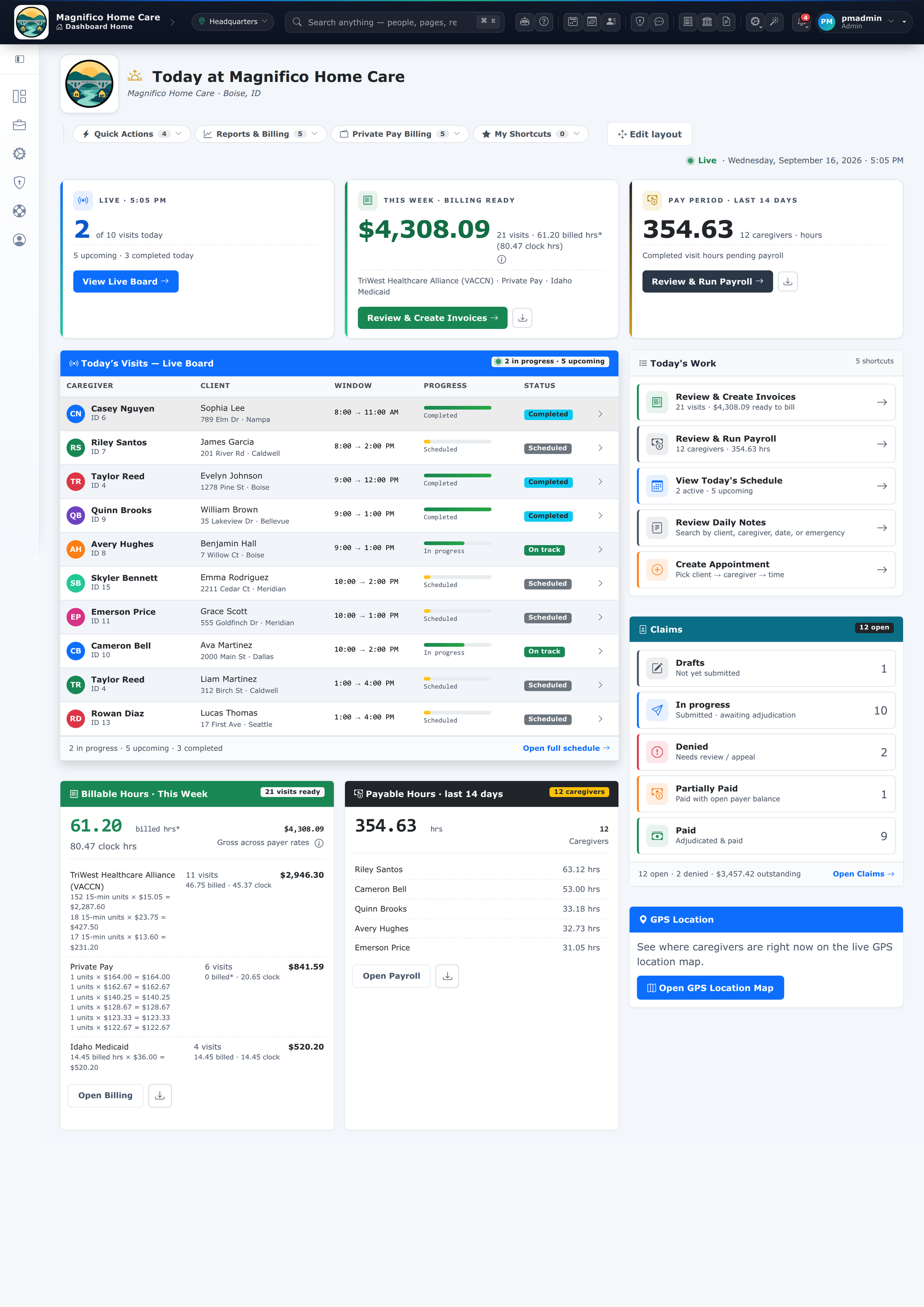 CareConnect dashboard after sign-in: today's visits, billing ready this week, pay period hours