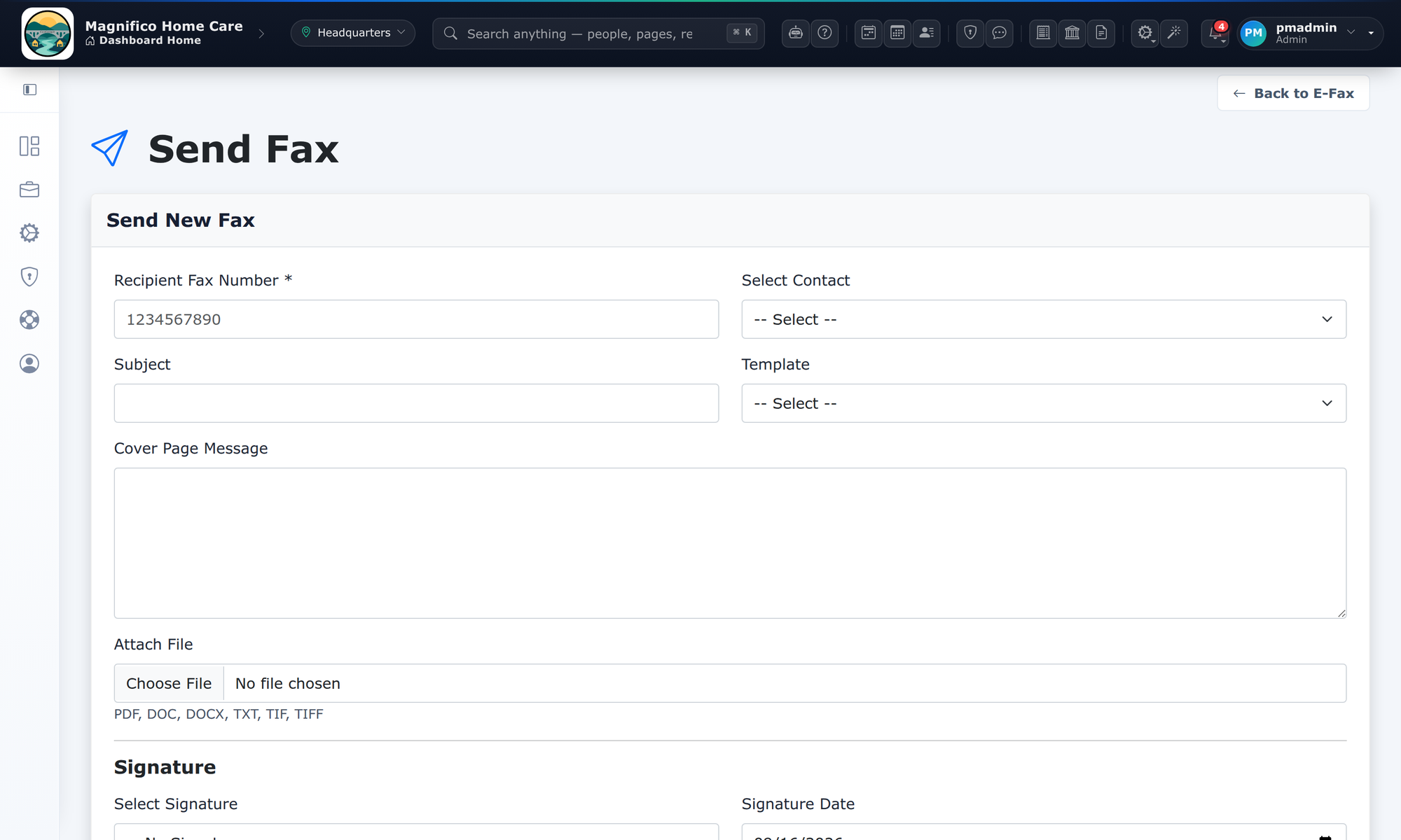 CareConnect send fax screen